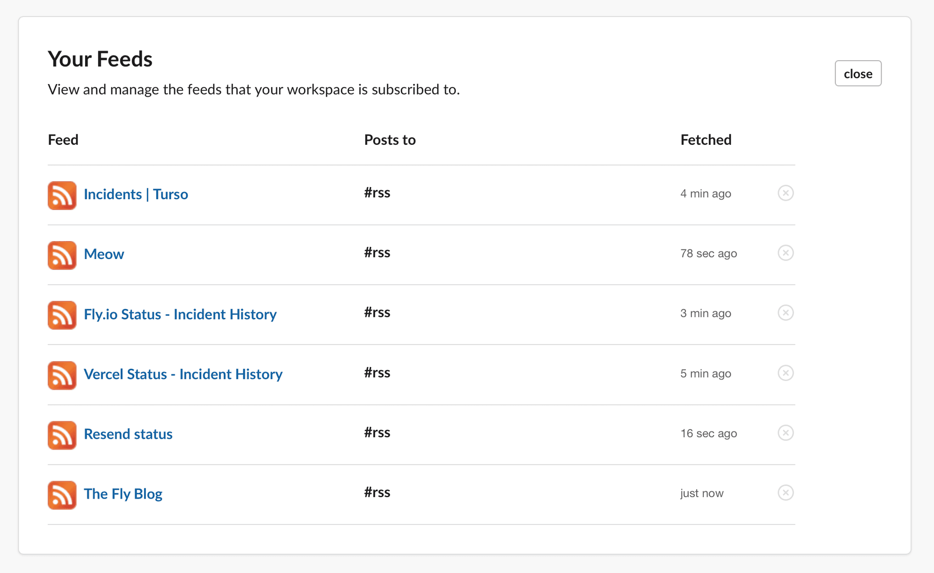 Slack RSS app settings - List of subscribed feeds